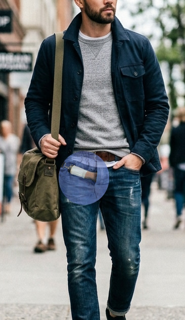 Man walking in town with an xray showing he is wearing t-tape comfortably and discreetly